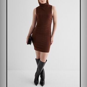 Express Mock Neck Sleeveless Ruched Brown Mini Sleeveless Dress